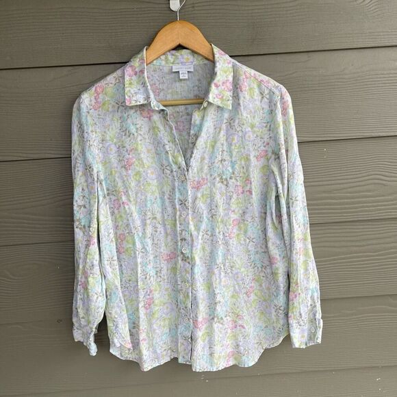 j jill love linen watercolor floral garden long sleeve button down shirt - Picture 1 of 5